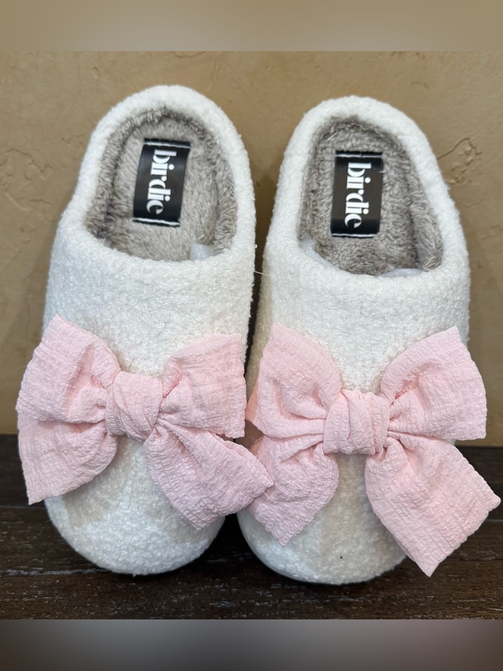 Birdie Cream Fuzzy Slippers with Pink Bow